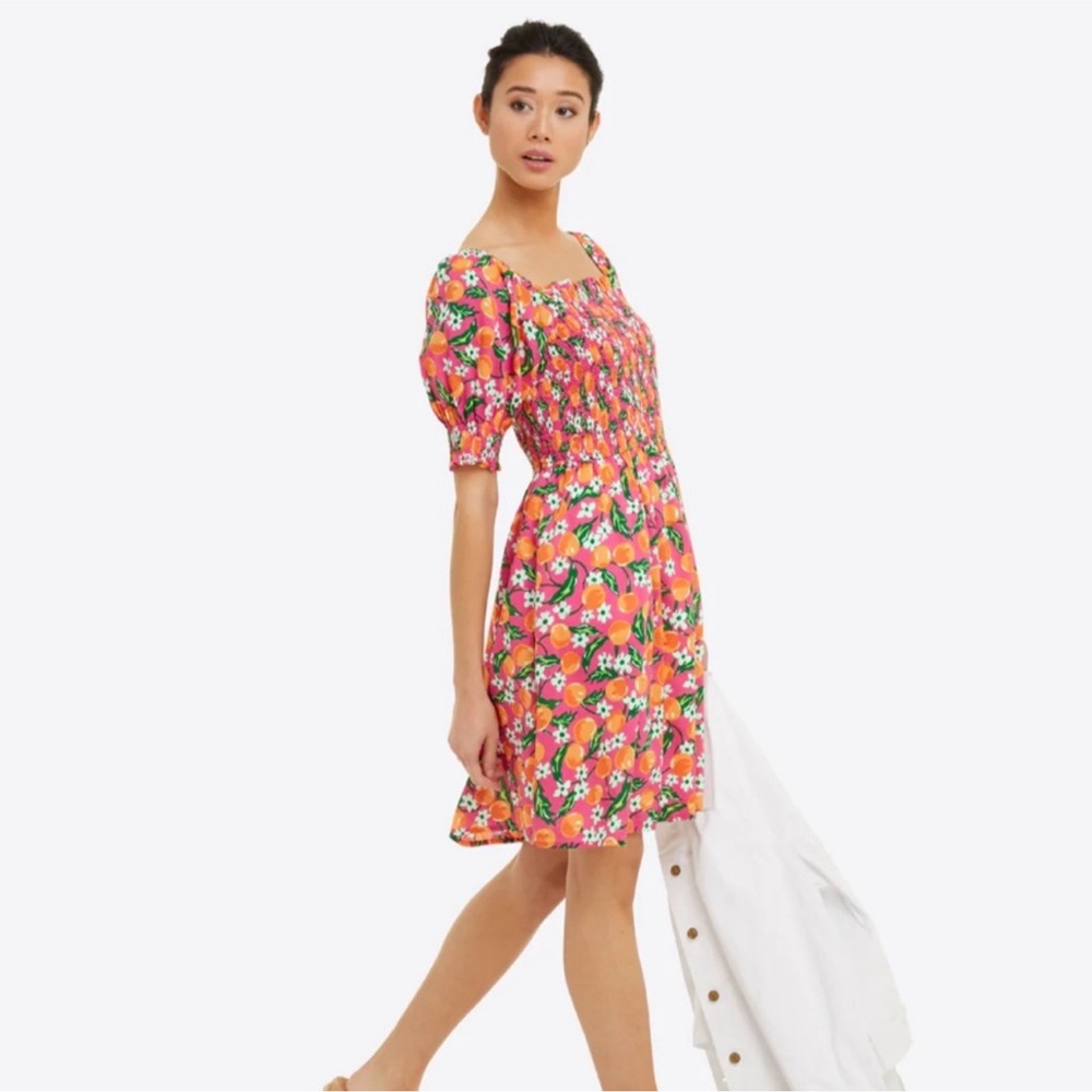 Draper James Coral Floral Smocked Puff-Sleeve Mini Dress